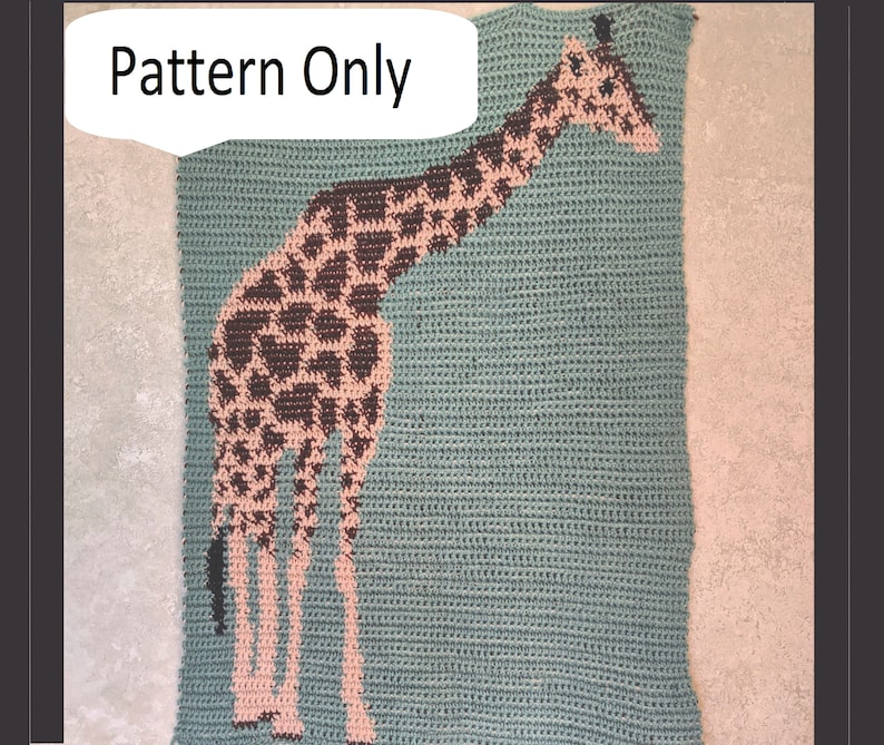 May include: Crochet pattern for a giraffe, featuring a light blue background with a brown and pink giraffe. The pattern is labelled "Pattern Only".