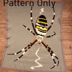 Puede incluir: Patrón de crochet para una araña sobre un fondo gris. La araña es negra, marrón, blanca y amarilla. El patrón se llama "Pattern Only".