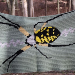 May include: A crocheted blanket featuring a yellow and black spider with a white web design. The blanket is green and has a textured look.