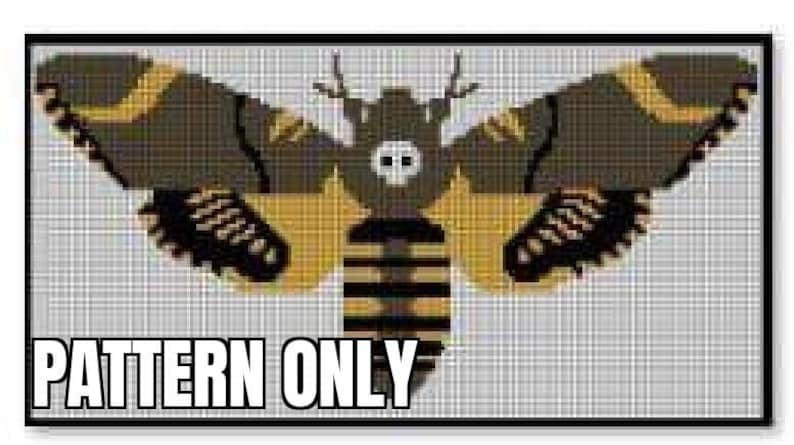 May include: A cross-stitch pattern of a black and yellow moth with a skull on its head. The pattern is labeled "PATTERN ONLY".