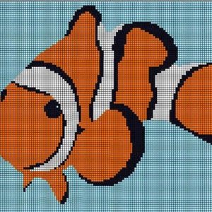 May include: A pixelated illustration of an orange and white clownfish with black outlines. The fish is swimming in a light blue background.