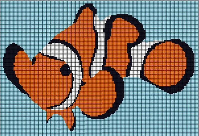 May include: A pixelated illustration of an orange and white clownfish with black outlines. The fish is swimming in a light blue background.