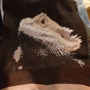 May include: A brown and beige crocheted blanket with a white bearded dragon design.