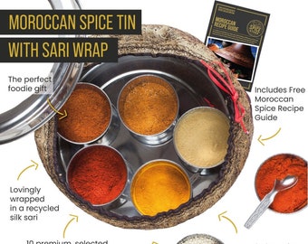 Spice Kitchen Moroccan Spice Tin with 10 Spices & Handmade Silk Sari Wrap