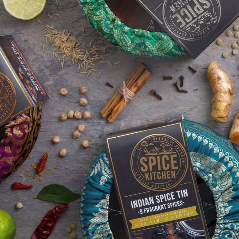 Indian Spice Tin With 9 Spices & Handmade Silk Sari Wrap Etsy UK