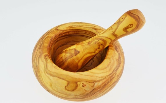 Olive Wood Pestle and Mortar - Round | Foodie Gift | Housewarming Present | Handmade in North Africa | Spice & Herb Grinding | Spice Kitchen