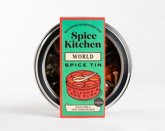 World Spice Blends and BBQ Rubs Tin with Spoon and Recipe Guide