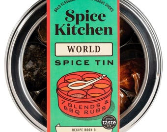 World Spice Blends and BBQ Rubs Tin with Spoon and Recipe Guide