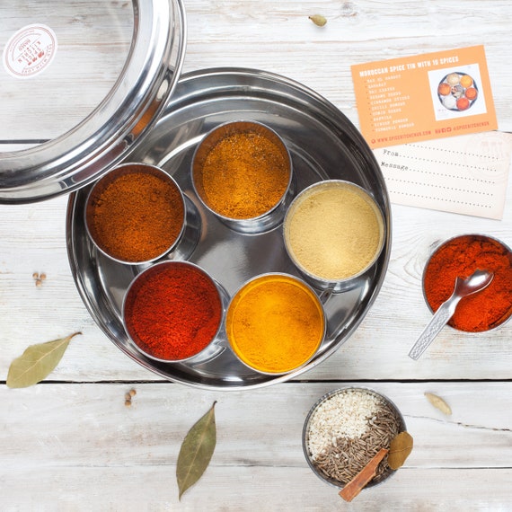 Ten Moroccan Spices and Spice Tin - Gift for Foodie - Ras El Hanout - Baharat - Spice Tin - Spice Rack Box - Masala Dabba - Tagine Spices