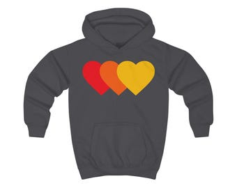 Three Overlapping Hearts Kids Hoodie | Retro Red Orange Yellow Heart Design