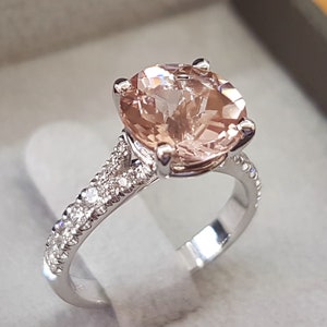 Pink Morganite Ring,3 Carat Morganite Engagement Ring, 14k White Gold Diamonds Morganite Ring, Pink Gemstone Ring, Promise Ring Anniversary