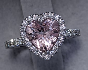 2 Carat Heart Shape Morganite Engagement Ring White Gold Heart Morganite Ring Halo Diamonds Halo Morganite Ring