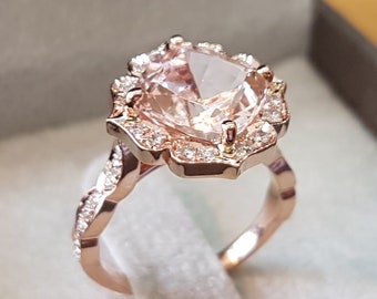 3 Carat Morganite Engagement Ring Rose Gold Cushion Morganite Ring