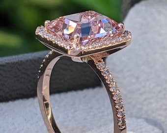 3 1/2 Carat Morganite Engagement Ring Rose Gold Emerald Cut Morganite Ring Halo Diamonds Emerald Shape Morganite Ring