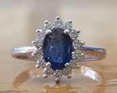 Real Blue Sapphire Ring, Sapphire Engagement Ring, Vintage Sapphire Ring, Blue Oval Sapphire Ring, Sapphire Halo Ring
