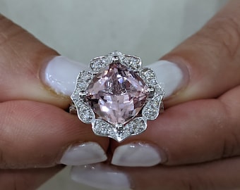 Pink Morganite Engagement Ring, Cushion Halo Ring, Pink Cushion Engagement Ring, Morganite Ring , White Gold Ring, Pink Gemstone Ring