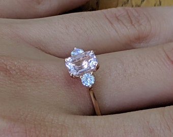 Emerald Cut Morganite Engagement Ring, 3 Stone Morganite Ring, Pink Morganite Emerald Cut,  14k Rose Gold Diamonds Morganite Ring