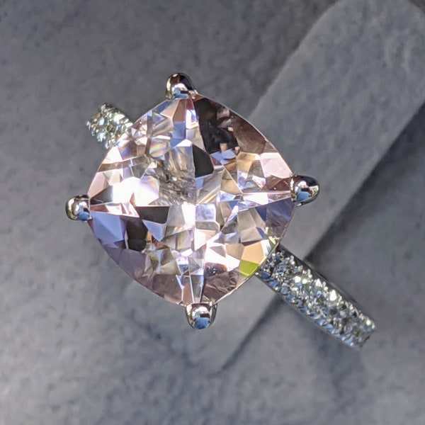 3 1/2 Carat Morganite Engagement Ring White Gold Cushion Morganite Ring Hidden Halo Diamonds Cushion Morganite Ring