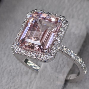 3 1/2 Carat Morganite Engagement Ring White Gold Emerald Morganite Ring Halo Diamonds Emerald Cut Morganite Ring, Anniversary Gift