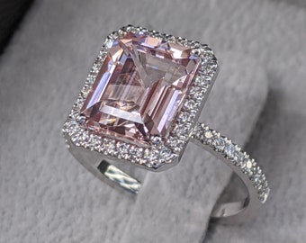 3 1/2 Carat Morganite Engagement Ring White Gold Emerald Morganite Ring Halo Diamonds Emerald Cut Morganite Ring, Anniversary Gift