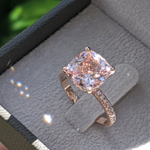 3 1/2 Carat Morganite Engagement Ring Rose Gold Cushion Morganite Ring Hidden Halo Diamonds Cushion Morganite Ring image 2