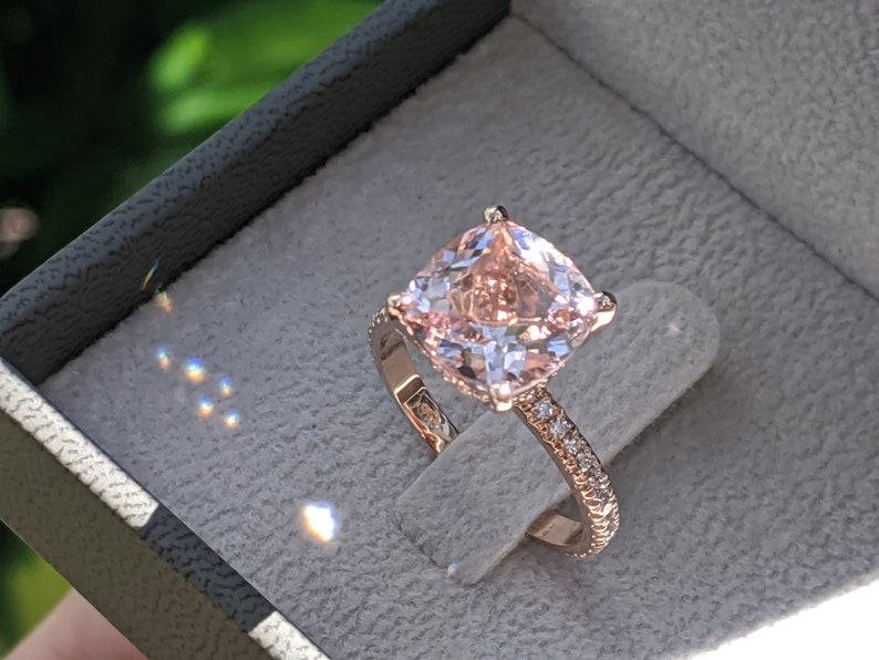 3 1/2 Carat Morganite Engagement Ring Rose Gold Cushion Morganite Ring Hidden Halo Diamonds Cushion Morganite Ring image 2