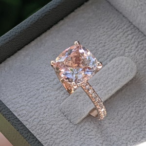 3 1/2 Carat Morganite Engagement Ring Rose Gold Cushion Morganite Ring Hidden Halo Diamonds Cushion Morganite Ring image 6