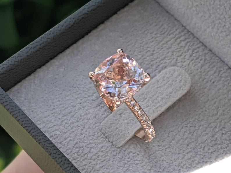 3 1/2 Carat Morganite Engagement Ring Rose Gold Cushion Morganite Ring Hidden Halo Diamonds Cushion Morganite Ring image 6