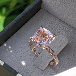 3 1/2 Carat Morganite Engagement Ring Rose Gold Cushion Morganite Ring Hidden Halo Diamonds Cushion Morganite Ring image 7