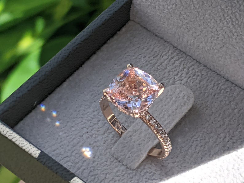 3 1/2 Carat Morganite Engagement Ring Rose Gold Cushion Morganite Ring Hidden Halo Diamonds Cushion Morganite Ring image 7