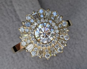 1 1/2 Carat Vintage Diamond Ring, Gatsby Halo Engagement Ring, Round Engagement Ring, Victorian Engagement Ring, Ballerina Art Deco Ring