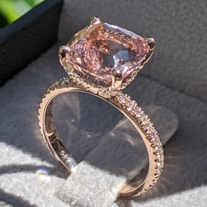 3 1/2 Carat Morganite Engagement Ring Rose Gold Cushion Morganite Ring Hidden Halo Diamonds Cushion Morganite Ring