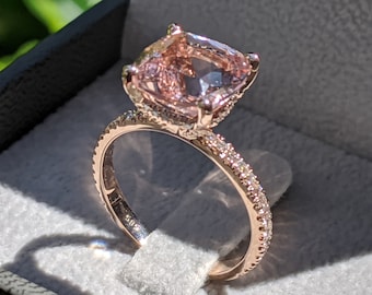 3 1/2 Carat Morganite Engagement Ring Rose Gold Cushion Morganite Ring Hidden Halo Diamonds Cushion Morganite Ring