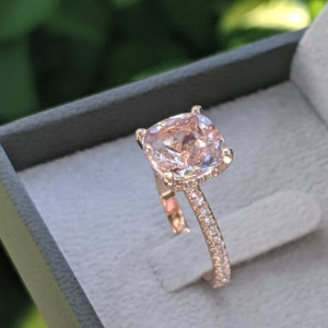 3 1/2 Carat Morganite Engagement Ring Rose Gold Cushion Morganite Ring Hidden Halo Diamonds Cushion Morganite Ring image 5