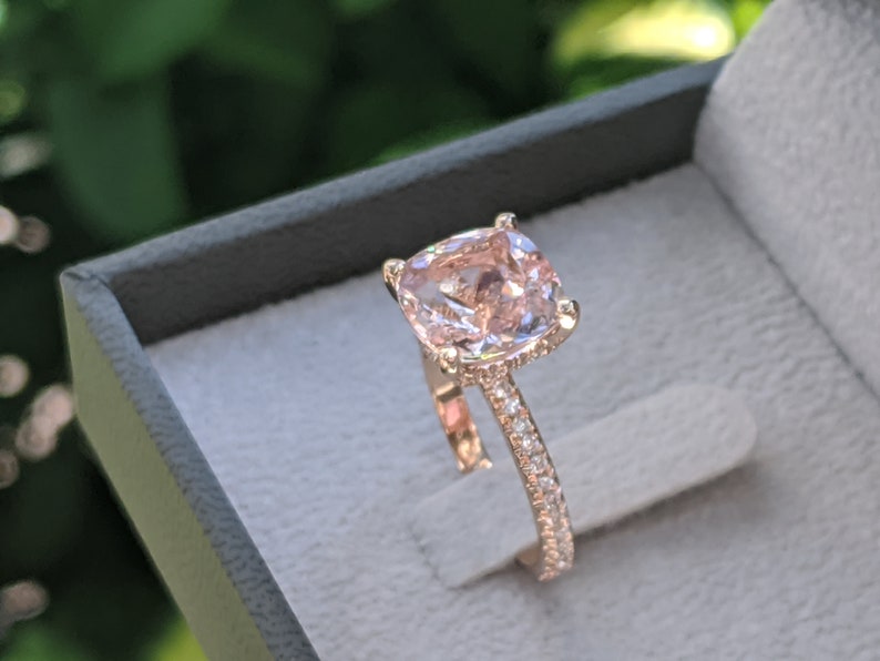 3 1/2 Carat Morganite Engagement Ring Rose Gold Cushion Morganite Ring Hidden Halo Diamonds Cushion Morganite Ring image 5
