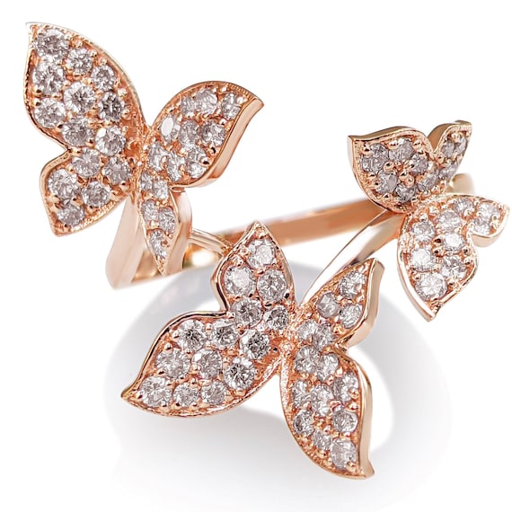 1.00 Carat Fancy Light Pink Diamonds Butterfly 14 Kt. Pink Gold Ring 