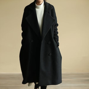 986---Women&#39;s Oversize Double Breasted Knit Pure Wool Cocoon Coat in Black, Loose Fitting Black Winter Coat, Made to Order.