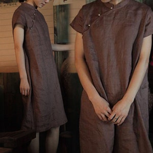 193---Vintage Style Washed Linen Qipao, Handmade Chipao Dress, Modified Cheongsam, Cheong-Sam, Mandarin Gown, Brown Dress, Made to Measure.