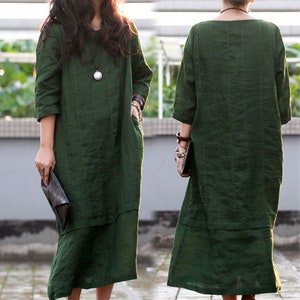 067---Moss Green Linen Dress, Three Quarters Sleeve Long Dress, Maxi Dress, Evening Dress, Cocktail Dress, Make to Order.