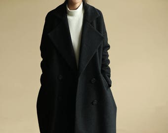 986---Women's Oversize Double Breasted Knit Pure Wool Cocoon Coat in Black, Loose Fitting Black Winter Coat, Made to Order.