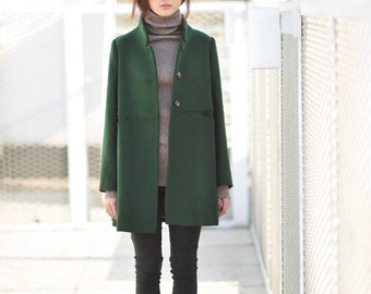 423---Women's Green Wool Coat, Vintage A Line Coat, Winter Coat For Women, Wool Classic Coat, Princess Coat, Plus Size Coat, Wool Parka.