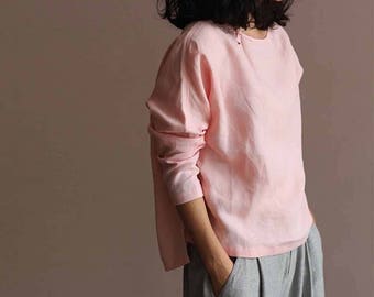 604---Camiseta tipo túnica de lino lavado rosa, camiseta de manga larga de lino, blusa kimono, talla grande, hecha a pedido