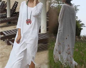 115---White Slubbed Yarn Cotton Dress, Smock Dress with Slip, Beachwear Cover Up, Kaftan, Tunic Dress. Made to Measure.