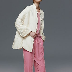 W087---Spring Jacket, Silk Velvet Quilted Crop Jacket in Off White, Silk Mandarine Padded Short Coat, Silk Chinese Coat, Made to Order.