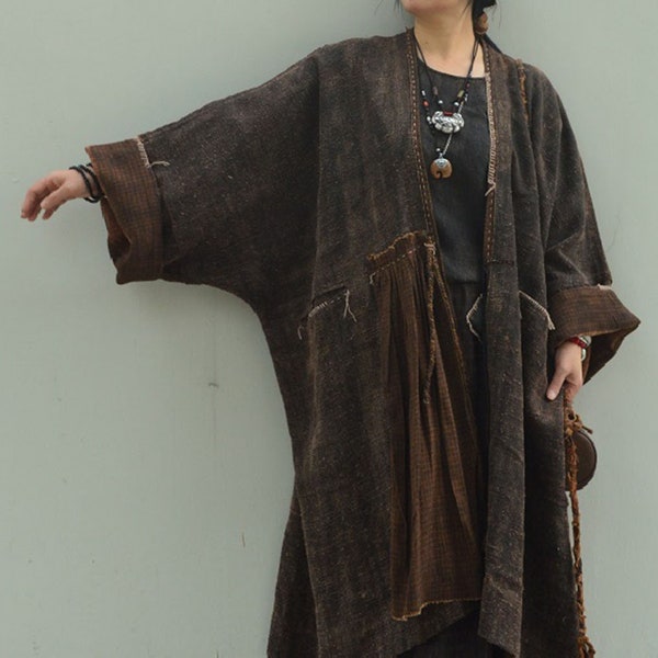 A674---Reversible Oversized Mud Tussah Silk Kimono Coat / Duster Coat, Eco-friendly Silk Cardigan, Made to Order.