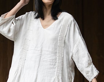 C028---Pintucked V-neck Linen Tunic Dress, 3/4 sleeves, Decored with Seed Embroidery, Made to Order.