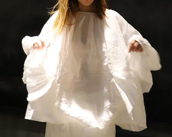 A154---White French Linen 2-way Ruffle Poem Tunic Top, Super Loose, Like a Swan, One Size Fits Many.