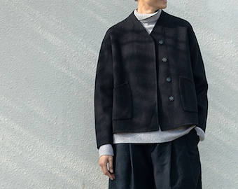 D069---Women's Double Faced Alpaca Wool Jacket / Coat, Hand Stitched Wool Bomber Coat in Black, Winter Outerwear, Made to Order.
