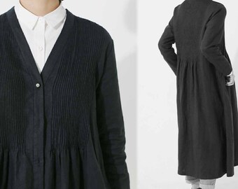 598---Linen Twill Buttoned Pintucked Trench Coat, Utility Spring Dress Coat, Fall Overoat, Long Jacket, cardigan, Robe Coat, Outerwear.