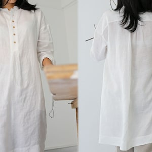 D004---Linen Mandarin Tunic Shirt, Women&#39;s Stand Collar Off White Tunic Top, Classic Work Shirt, Washed French Linen, Cheongsam, Plus Size.